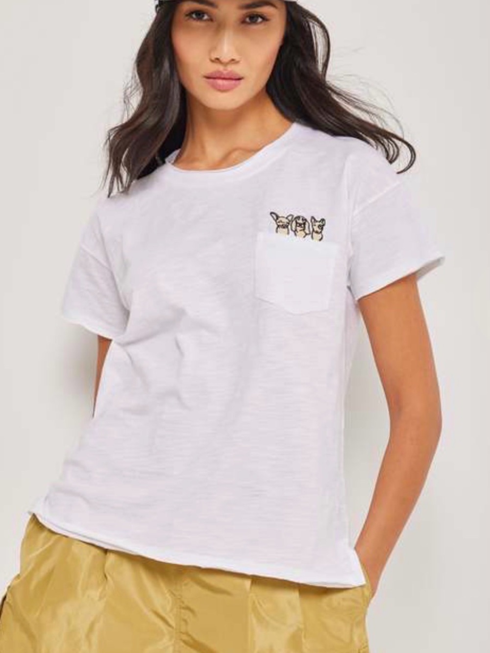 Women's White Short-Sleeve Katie Todd Pocket Pup 🐶 Tee with Dog Trio Embroidery